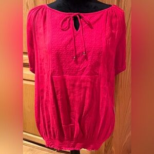 Chaps by Ralph‎ Lauren Eyelet Tassle Tie Puff-Sleeve Peasant Top in Yacht Red XL
